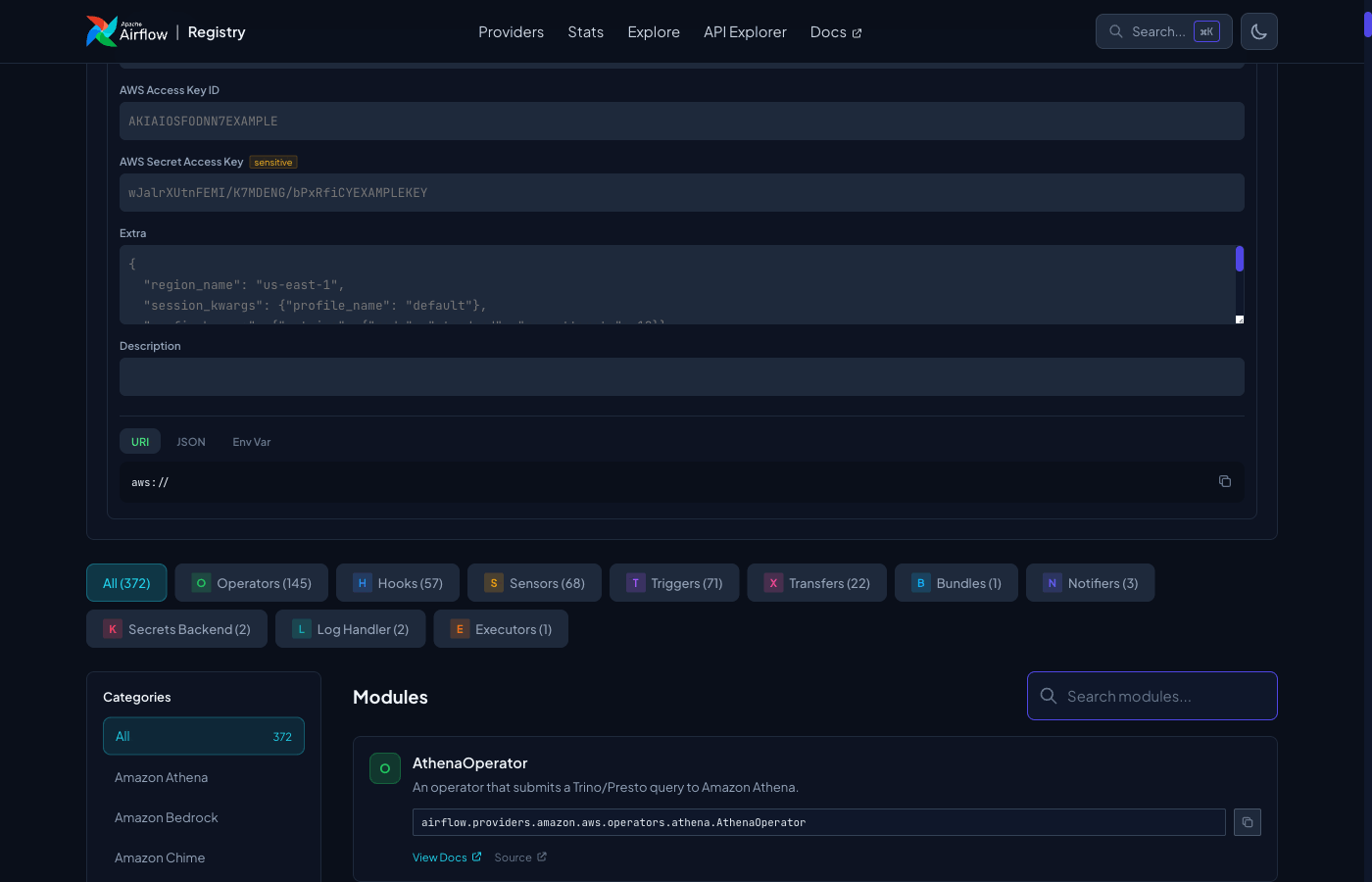 Connection builder showing URI, JSON, and Env Var export formats