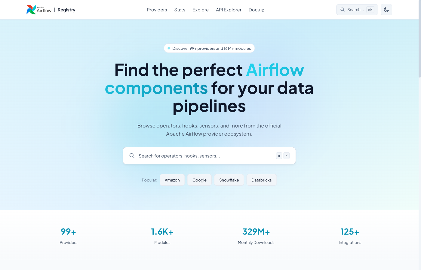 Registry homepage in light mode