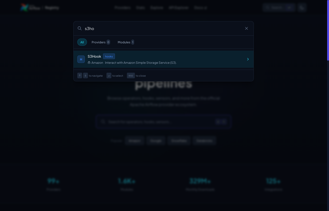 Search results showing the S3Hook from the Amazon provider