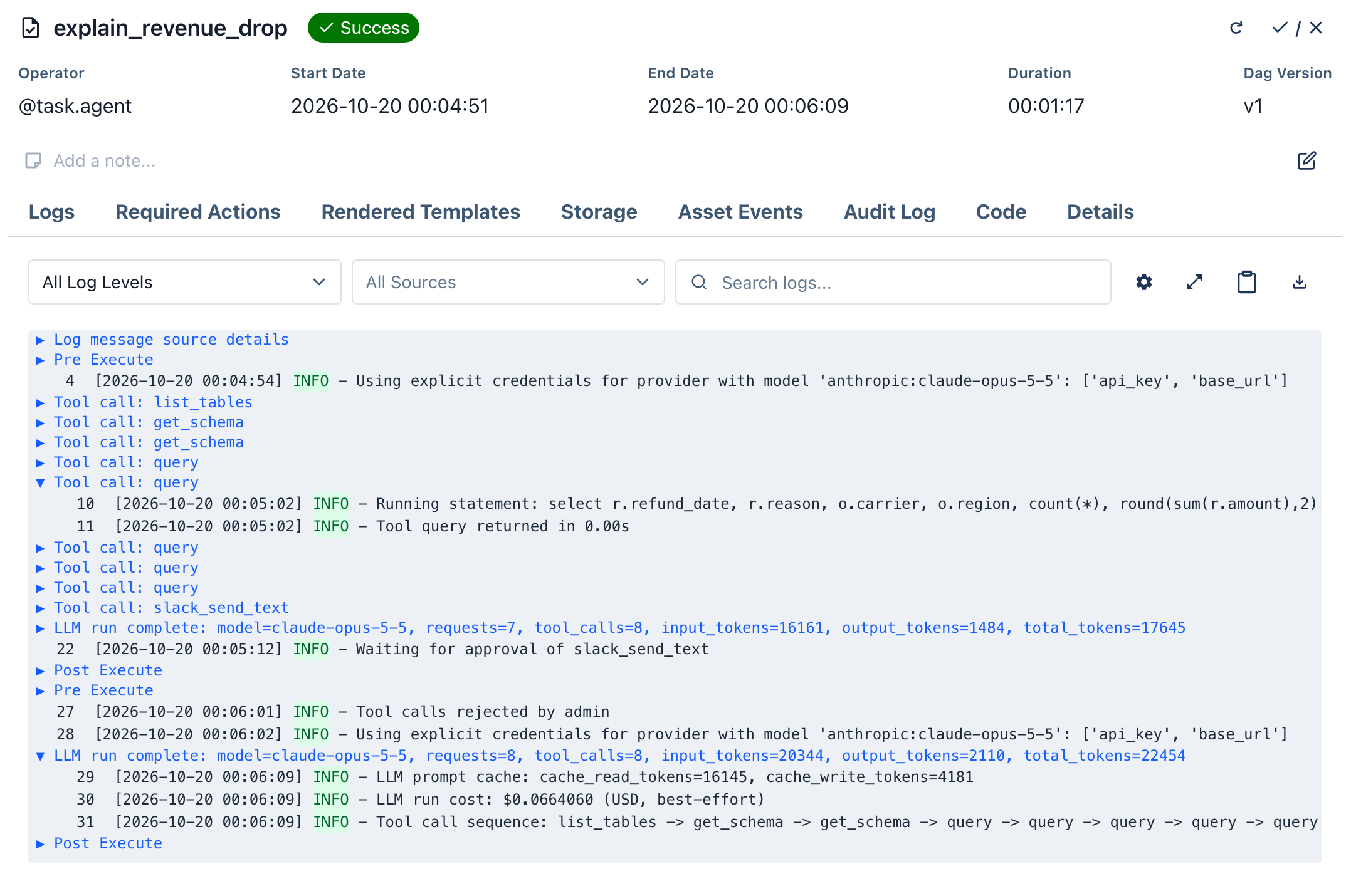 The task log in the Airflow UI with collapsible groups for each tool call, one query expanded to show its SQL, the line recording the rejection, and the run summary with token counts and estimated cost