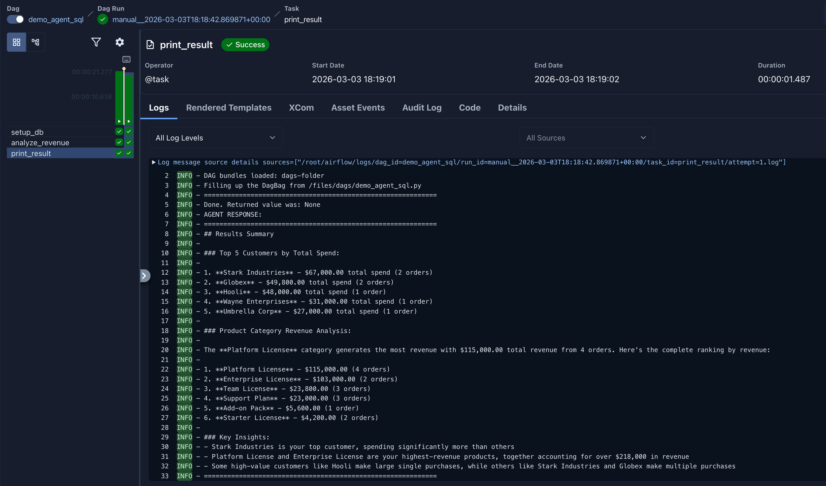 Agent SQL analysis showing tool calls and structured output in Airflow task logs