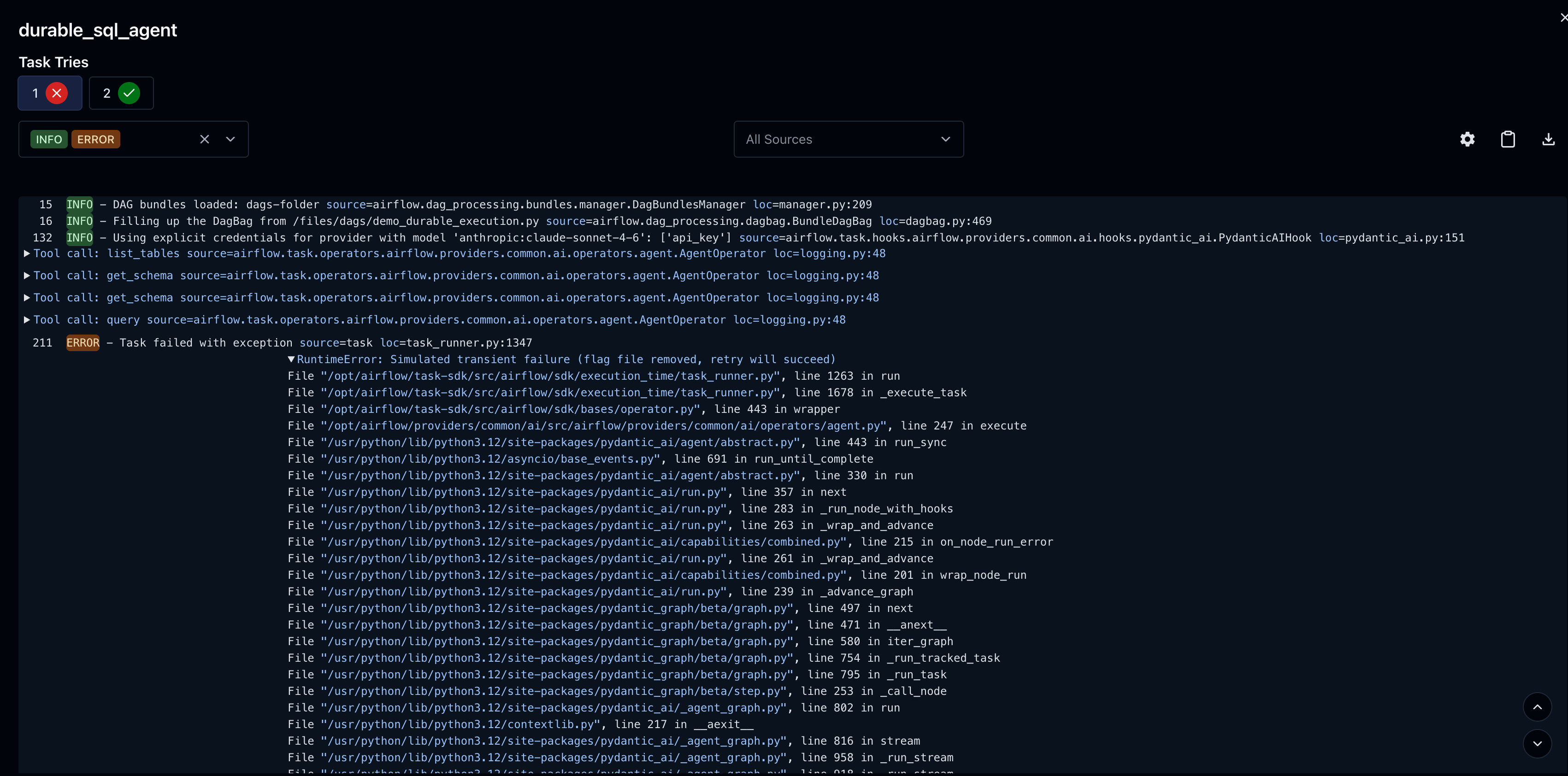 Attempt 1: agent runs tool calls then fails on a transient error