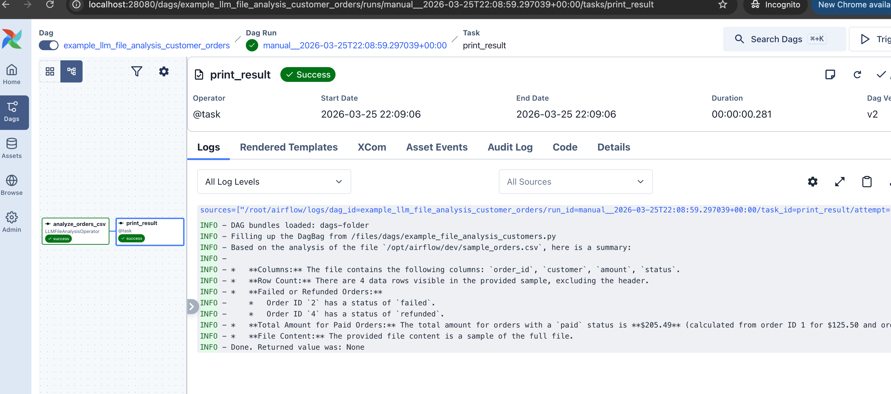 LLM analyzing a CSV file — identifying columns, counting rows, computing totals