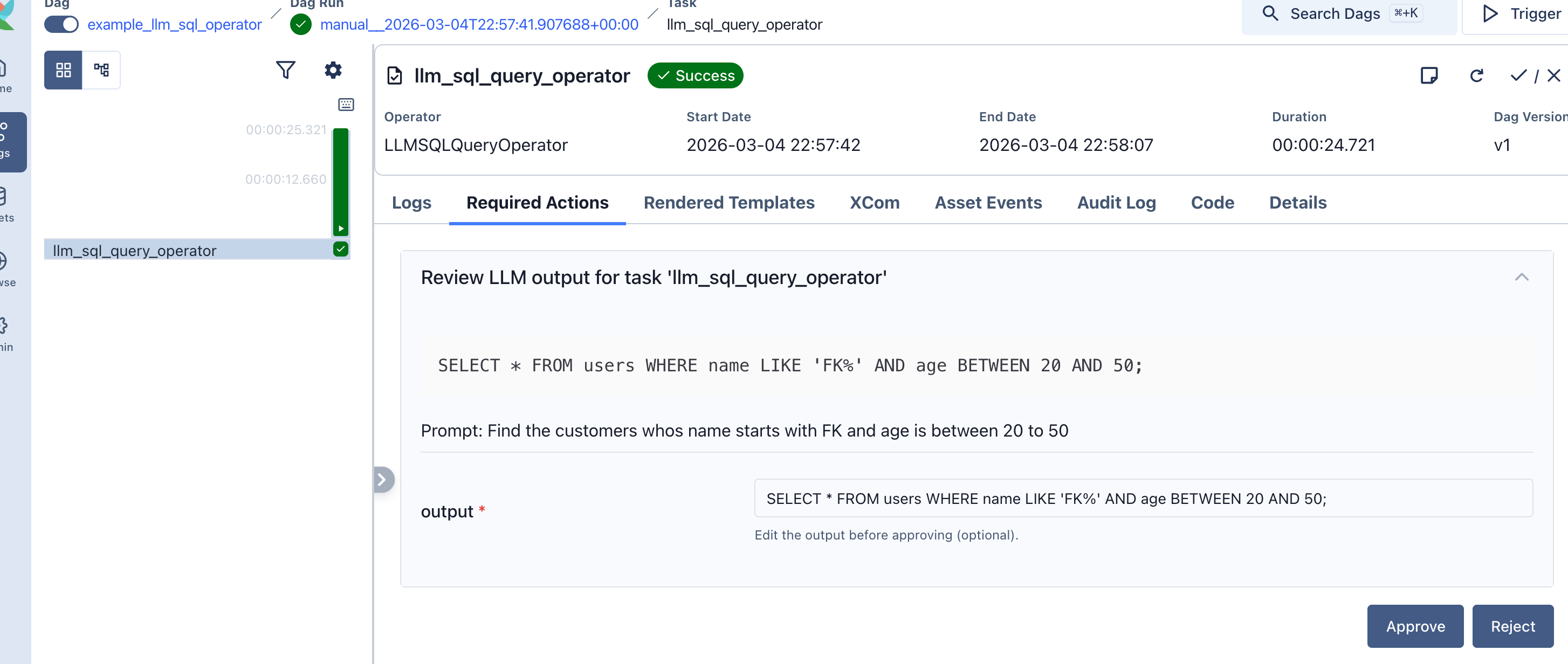Human-in-the-loop approval interface showing the generated output with approve, reject, and modify options