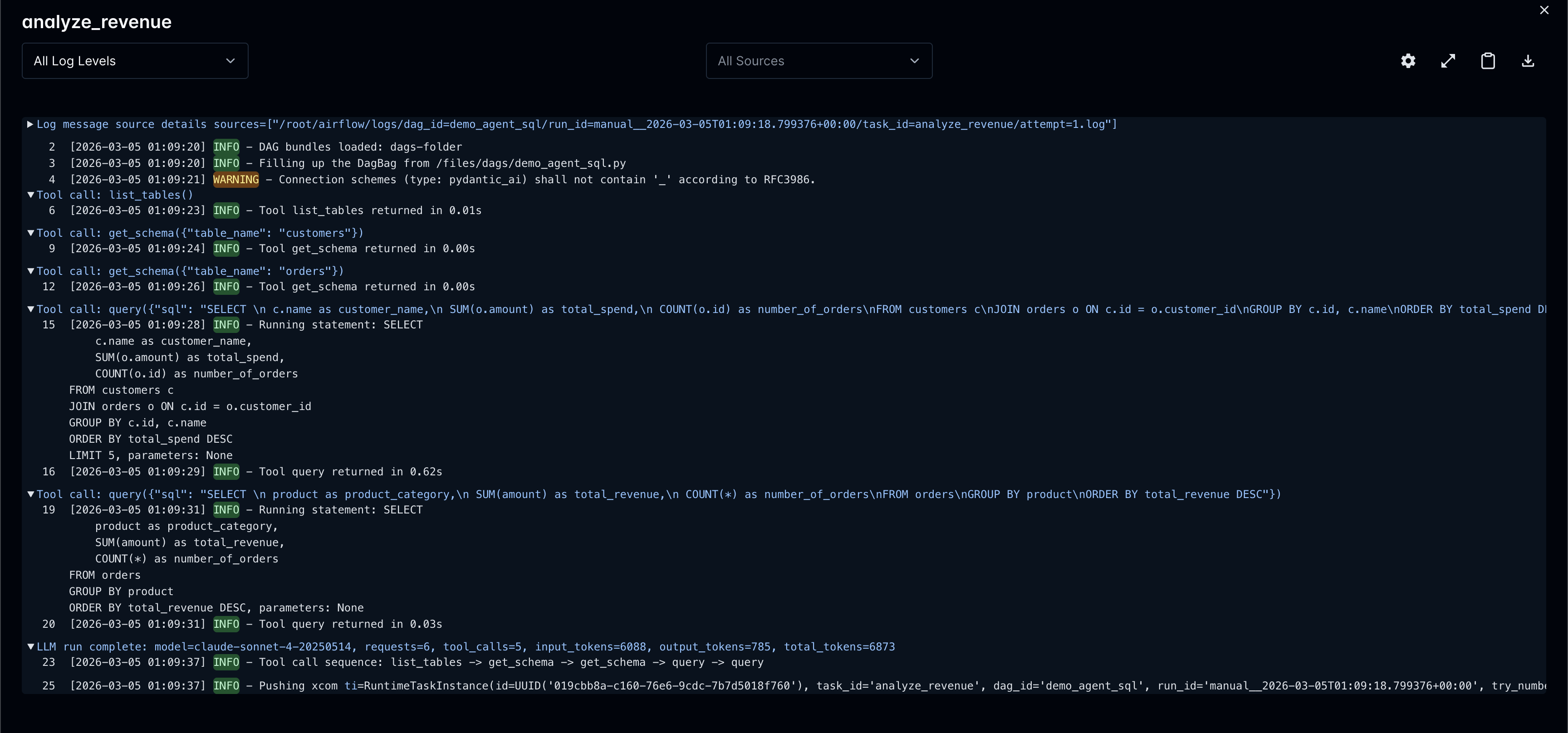 Tool call logging showing collapsible log groups with timing in the Airflow UI
