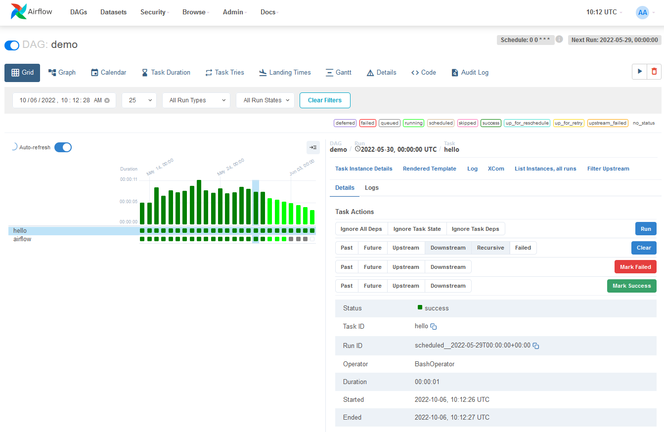 Demo DAG in the Grid View, showing the status of all DAG runs