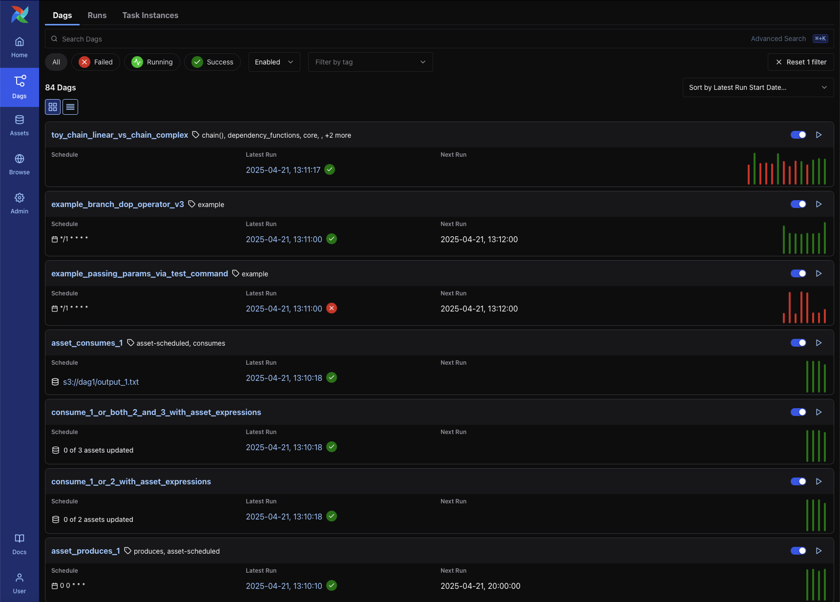 DAG List View in dark mode showing search, filters, and DAG-level controls