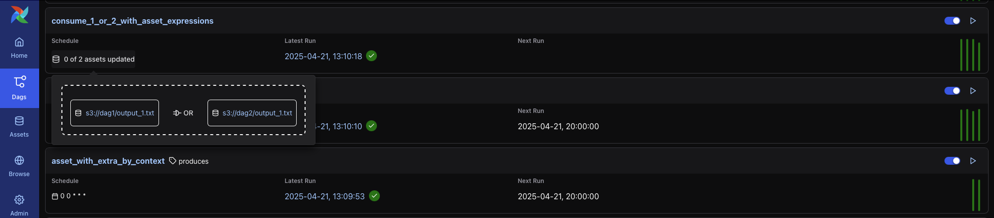 DAG List View showing asset condition popup (Dark Mode)