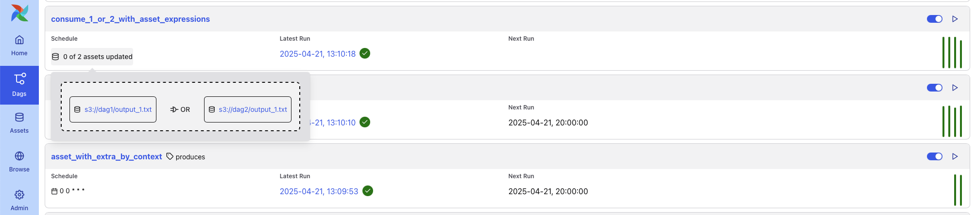DAG List View showing asset condition popup (Light Mode)