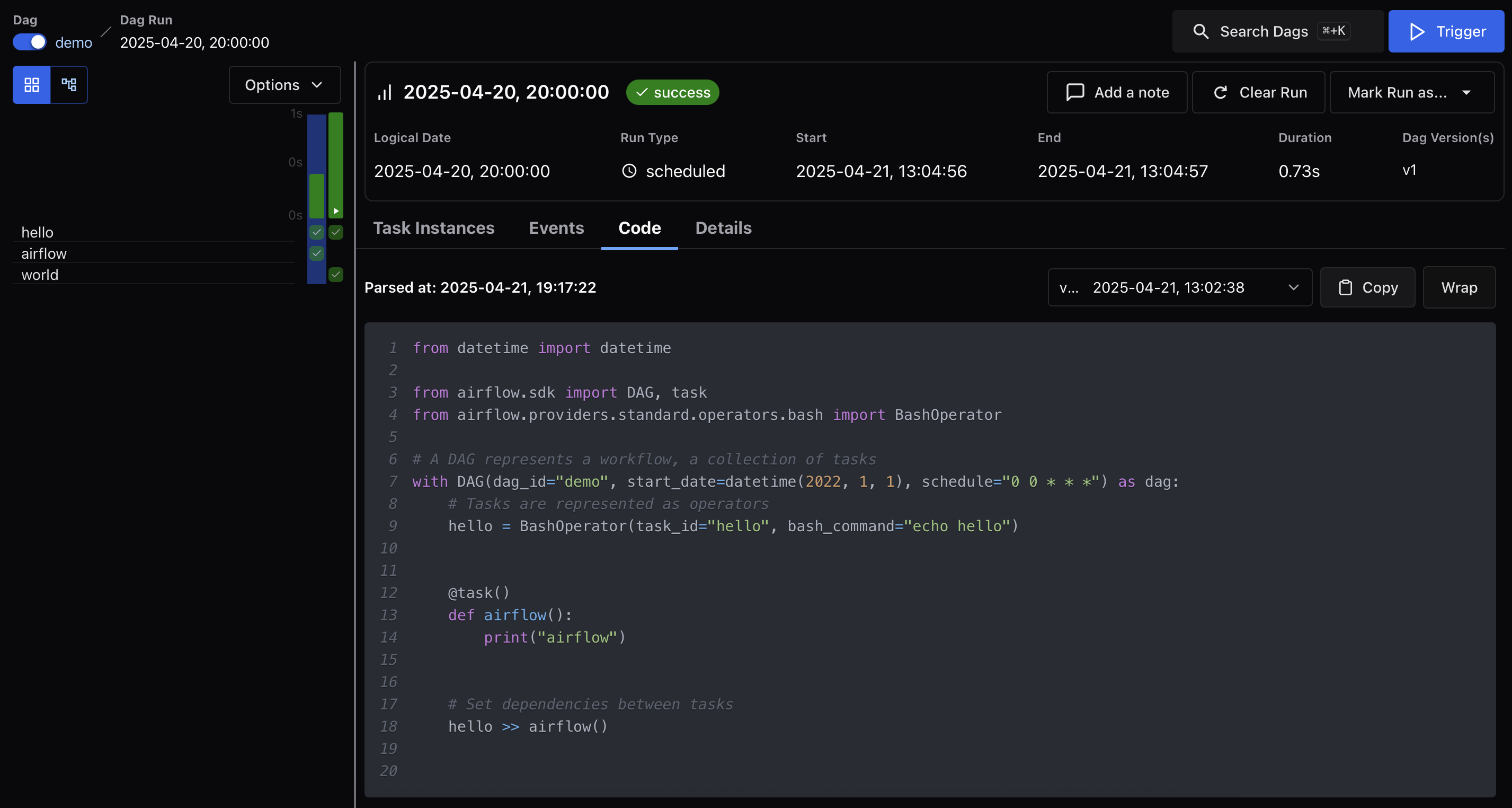DAG Run Code Snapshot - airflow() (dark mode)