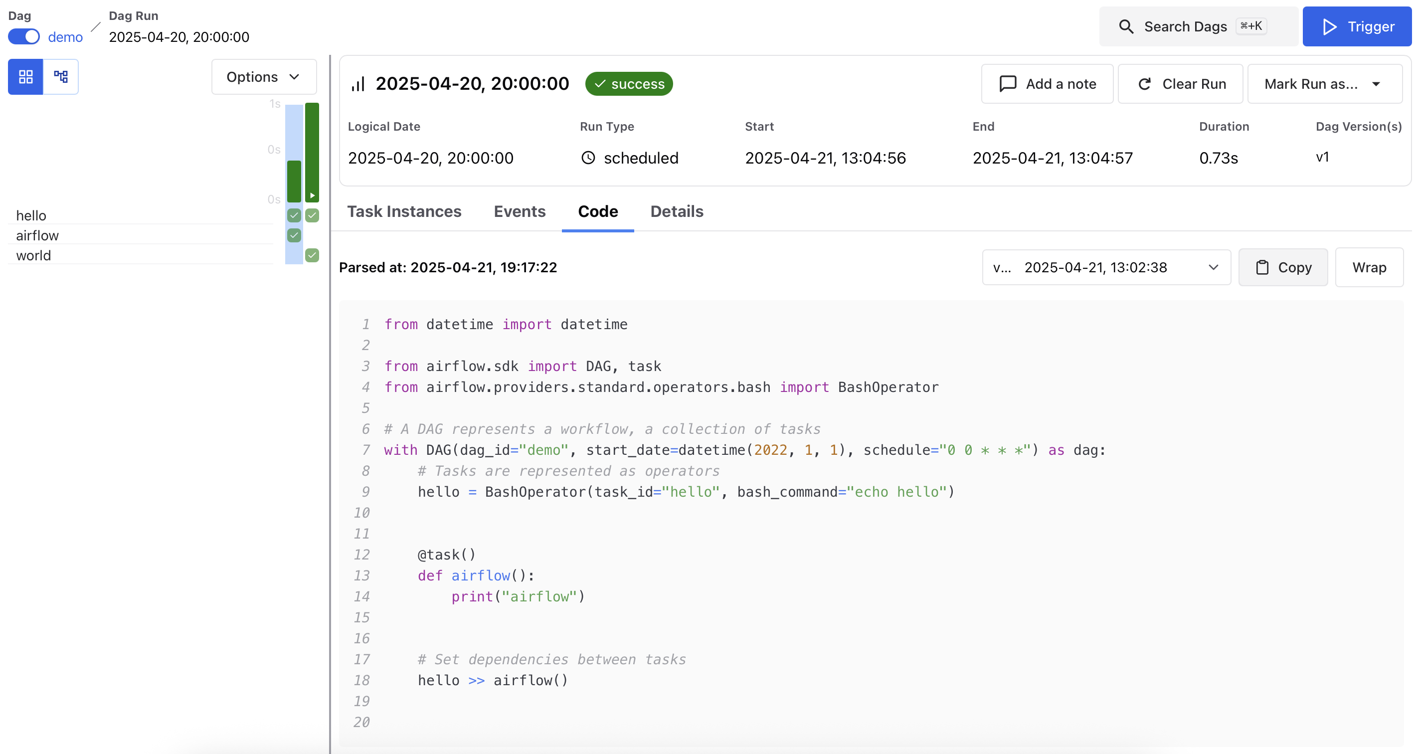 DAG Run Code Snapshot - airflow() (light mode)