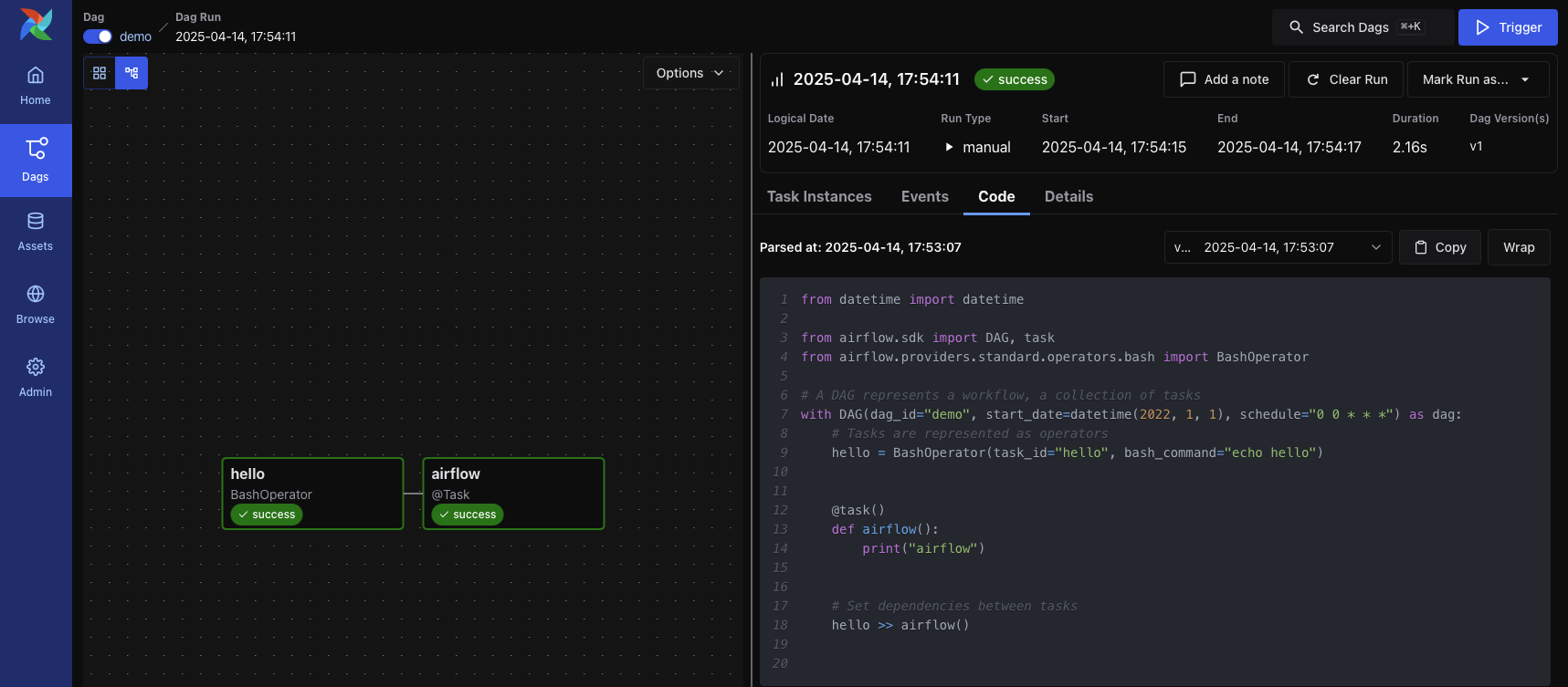 Demo DAG in the Graph View, showing the status of one DAG run along with DAG code.