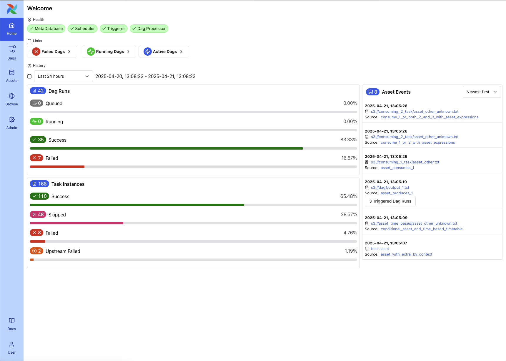 Airflow Home Page showing system health, DAG/task stats, and asset events (Dark Mode)