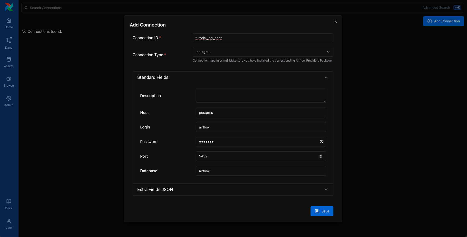 Add Connection form in Airflow's web UI with Postgres details filled in.